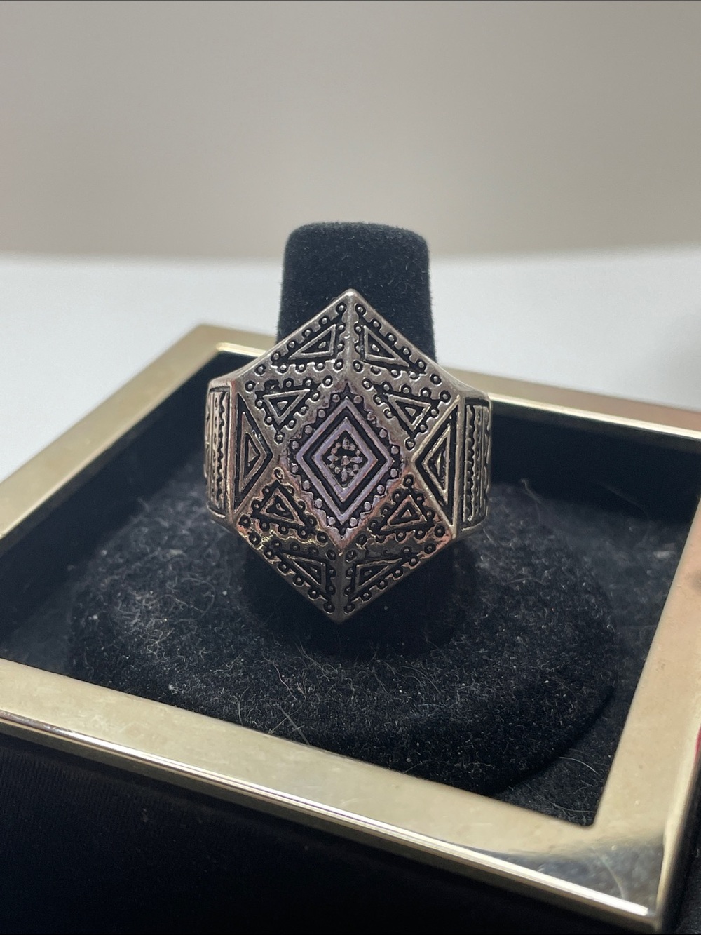 Silver-Toned Geometric Hexagon Statement Ring